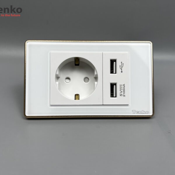 Ổ Cắm Chìm Chuẩn Đức + 2 USB Sạc Nhanh 2100mAh Mặt Kính Cường Lực Trắng Viền Vàng TENKO TK-C18W-065