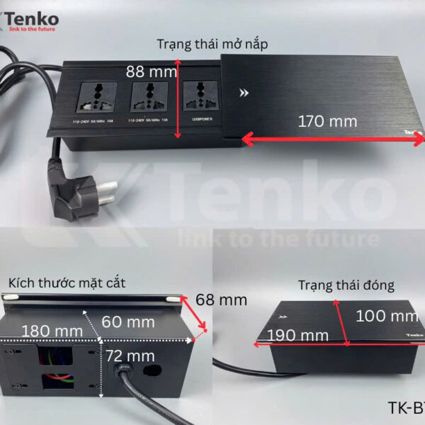Hộp ổ điện âm bàn Tenko TK-BT03 nắp trượt màu đen cao cấp