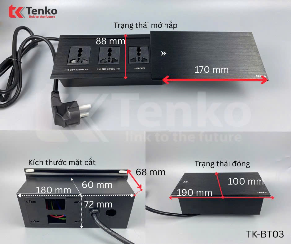 Hộp ổ điện âm bàn Tenko TK-BT03 nắp trượt màu đen cao cấp