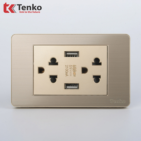 Ổ Điện Đôi 3 Chấu Tích Hợp 2 Cổng USB Sạc Âm Tường Màu Vàng TENKO TK-C7G-045