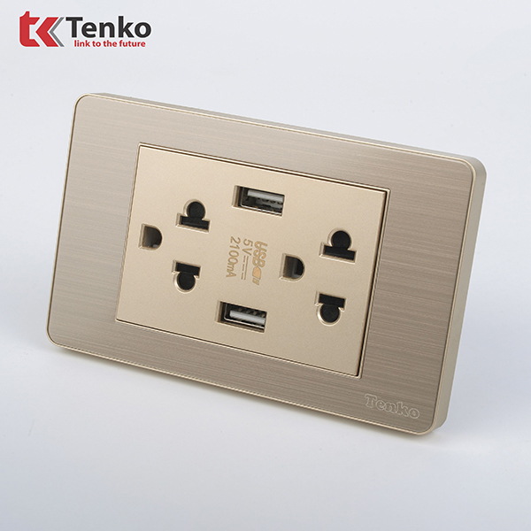 Ổ Điện Đôi 3 Chấu Tích Hợp 2 Cổng USB Sạc Âm Tường Màu Vàng TENKO TK-C7G-045
