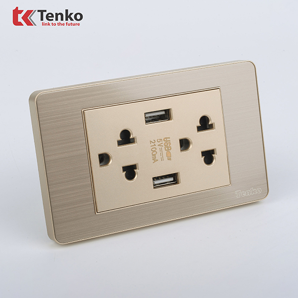 Ổ Điện Đôi 3 Chấu Tích Hợp 2 Cổng USB Sạc Âm Tường Màu Vàng TENKO TK-C7G-045