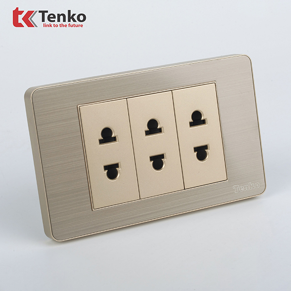 Ổ Cắm Điện Đôi Màu Vàng 2 Chấu Âm Tường Mặt Hợp Kim Tenko TK-C7G-020