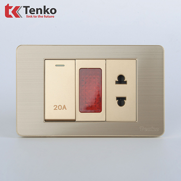 Ổ Cắm Và Công Tắc Điện 20A Công Suất Cao Cho Nóng lạnh Và Điều Hòa Âm Tường Mặt Kim Loại Màu Vàng Tenko TK-C7G-080