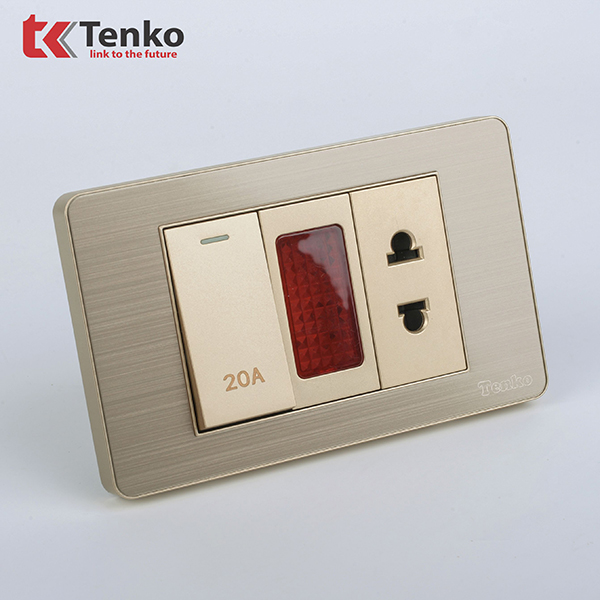 Ổ Cắm Và Công Tắc Điện 20A Công Suất Cao Cho Nóng lạnh Và Điều Hòa Âm Tường Mặt Kim Loại Màu Vàng Tenko TK-C7G-080