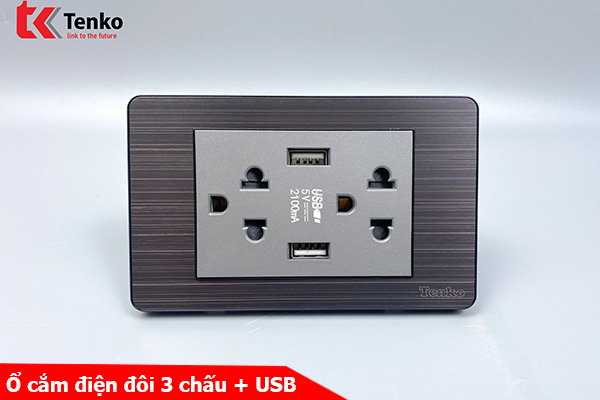 Ổ Cắm Điện Đôi 3 Chấu Có USB Màu Đen Xám Âm Tường Mặt Hợp Kim Tenko TK-C7G-045