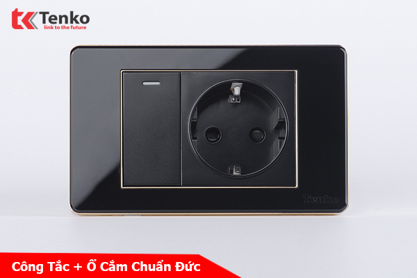 Ổ Cắm Chuẩn Đức Schuko Kết Hợp Công Tắc – Mặt Nhựa Phủ Bóng Epoxy Đen Tenko TK-C26-060
