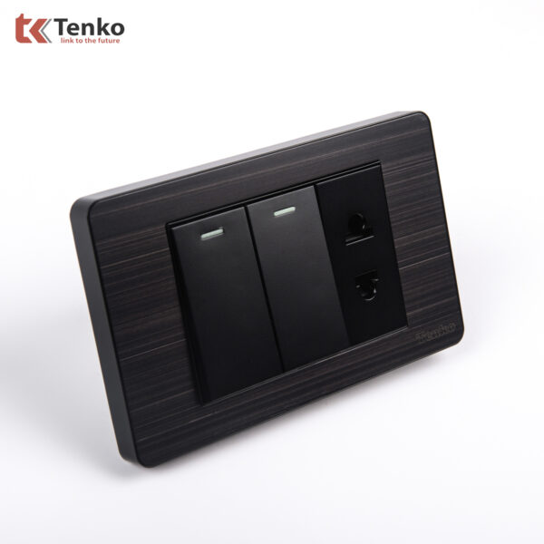 Công Tắc 2 Nút Và Ổ Cắm Đôi Âm Tường Mặt Kim Loại Bo Viền Đen Xám TENKO TK-C7G-027
