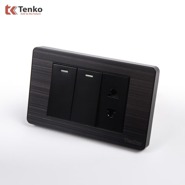 Công Tắc 2 Nút Và Ổ Cắm Đôi Âm Tường Mặt Kim Loại Bo Viền Đen Xám TENKO TK-C7G-027