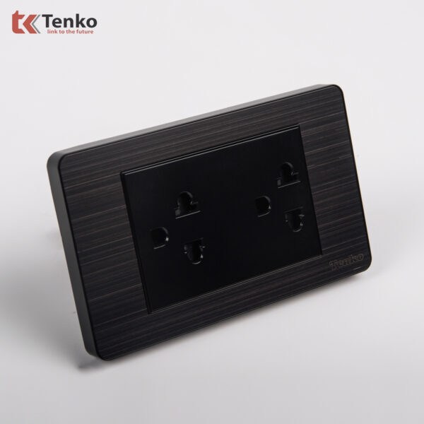 Ổ Cắm Điện Đôi 3 Chấu Màu Đen Xám Âm Tường Mặt Hợp Kim Tenko TK-C7G-044