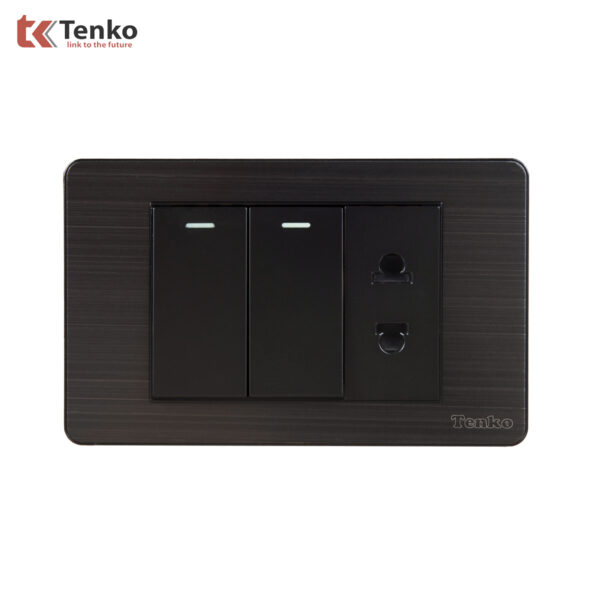 Công Tắc 2 Nút Và Ổ Cắm Đôi Âm Tường Mặt Kim Loại Bo Viền Đen Xám TENKO TK-C7G-027