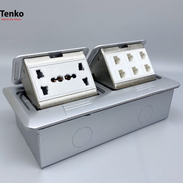 Ổ Cắm Điện Âm Sàn Đôi 3 Chấu Kèm 6 Ổ Mạng LAN Chính Hãng Tenko TK-J04-09 Bạc