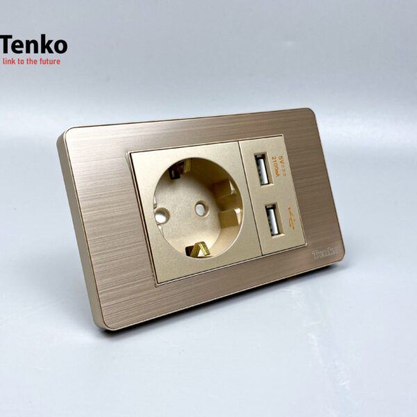 Ổ Cắm Chìm Chuẩn Đức Có USB Màu Vàng Âm Tường Mặt Hợp Kim Tenko TK-C7G-065