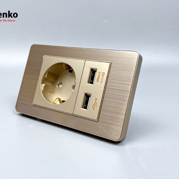 Ổ Cắm Chìm Chuẩn Đức Có USB Màu Vàng Âm Tường Mặt Hợp Kim Tenko TK-C7G-065