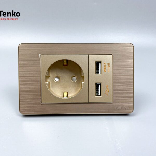 Ổ Cắm Chìm Chuẩn Đức Có USB Màu Vàng Âm Tường Mặt Hợp Kim Tenko TK-C7G-065