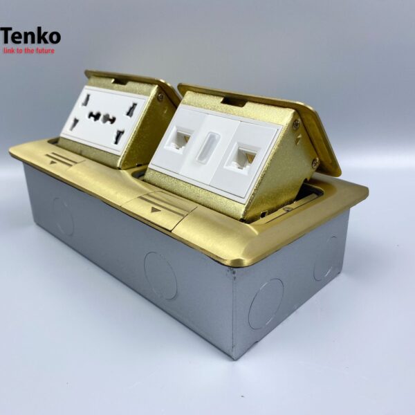 Ổ Cắm Điện Đôi 3 Chấu Âm Sàn Tích Hợp 2 Mạng LAN (RJ45), 1 HDMI Chính Hãng Tenko TK-J04-04 Vàng