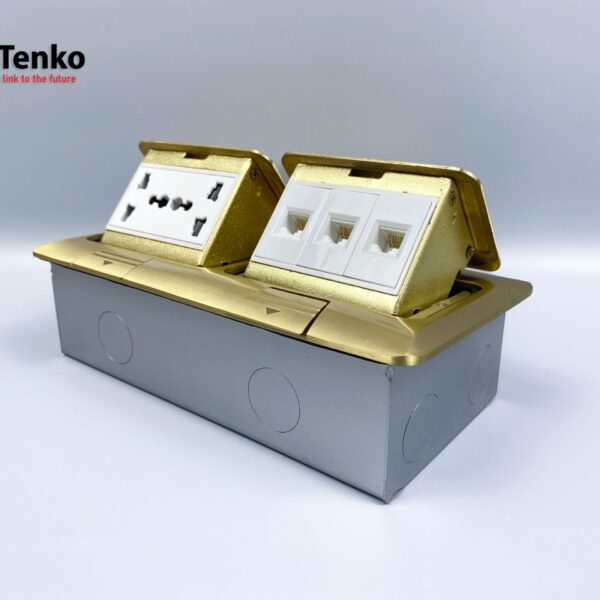 Ổ Cắm Điện Đôi 3 Chấu Âm Sàn Tích Hợp 3 Mạng LAN (RJ45) Chính Hãng Tenko TK-J04-03 Vàng