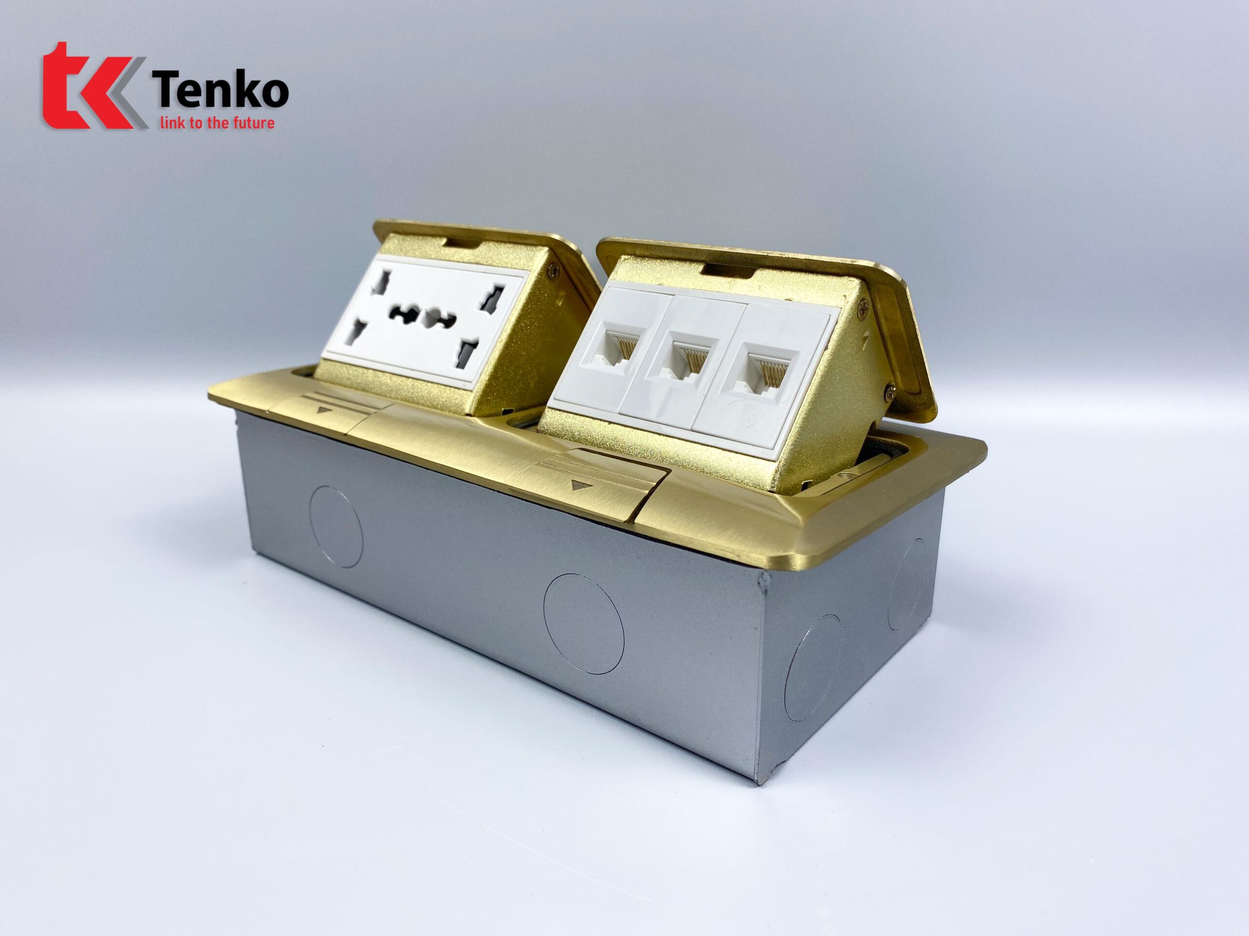 Ổ Cắm Điện Đôi 3 Chấu Âm Sàn Tích Hợp 3 Mạng LAN (RJ45) Chính Hãng Tenko TK-J04-03 Vàng