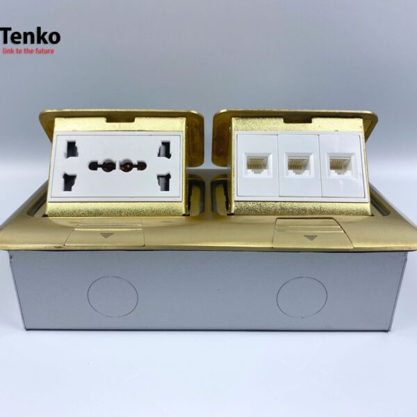 Ổ Cắm Điện Đôi 3 Chấu Âm Sàn Tích Hợp 3 Mạng LAN (RJ45) Chính Hãng Tenko TK-J04-03 Vàng