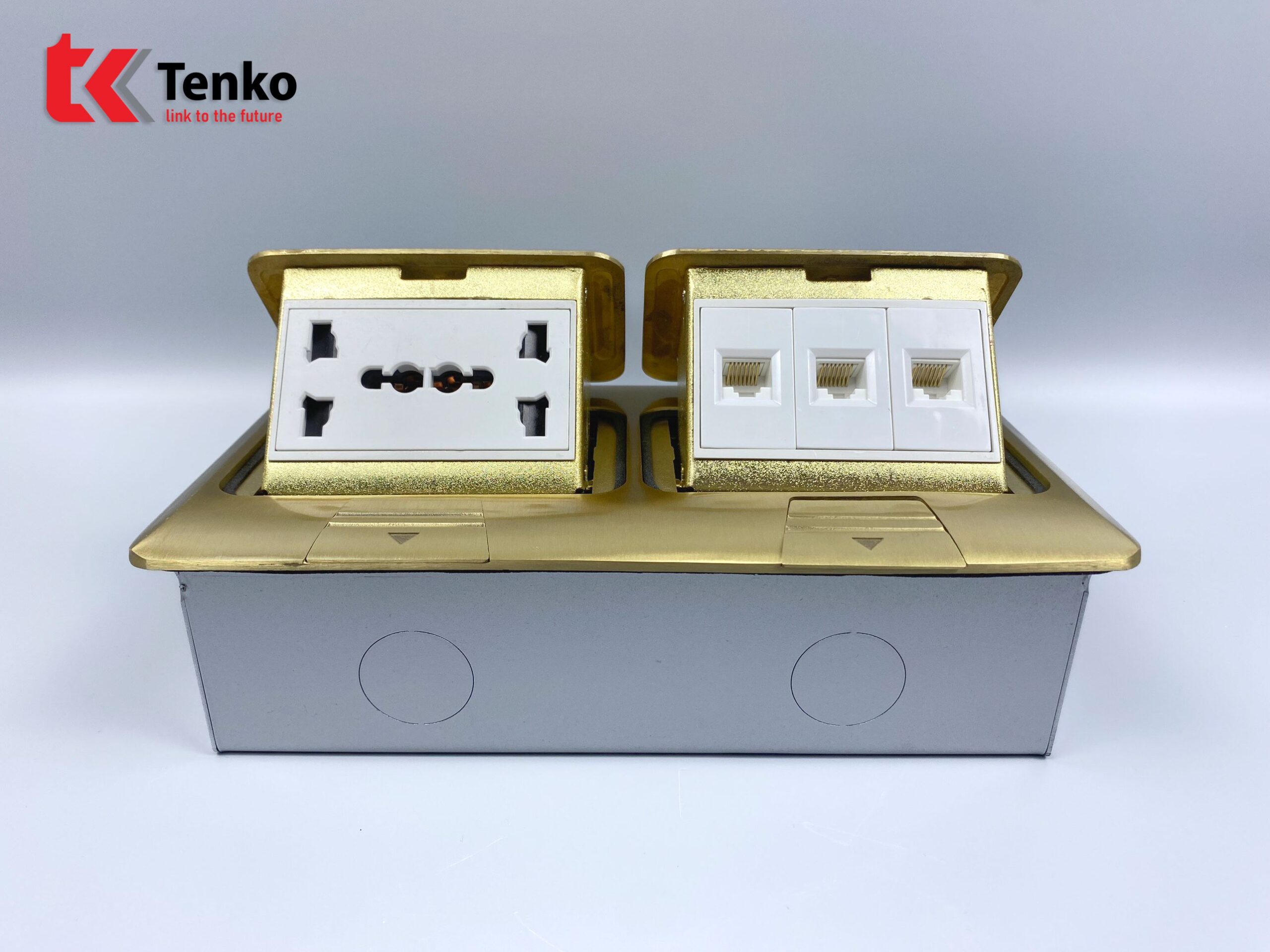 Ổ Cắm Điện Đôi 3 Chấu Âm Sàn Tích Hợp 3 Mạng LAN (RJ45) Chính Hãng Tenko TK-J04-03 Vàng