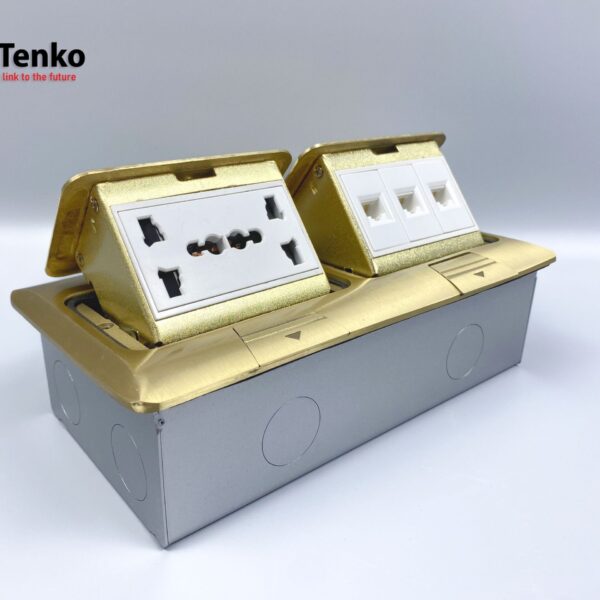 Ổ Cắm Điện Đôi 3 Chấu Âm Sàn Tích Hợp 3 Mạng LAN (RJ45) Chính Hãng Tenko TK-J04-03 Vàng