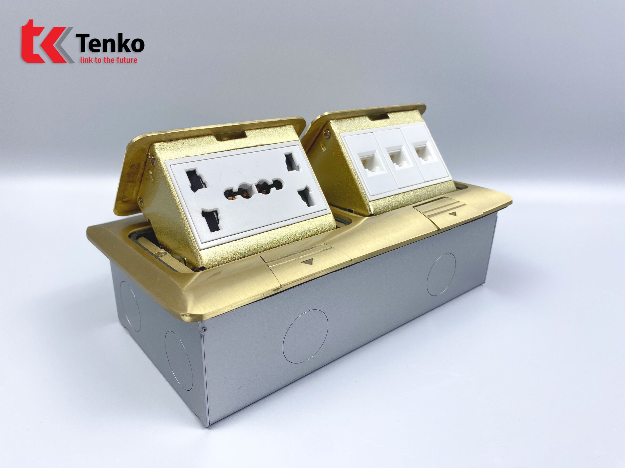 Ổ Cắm Điện Đôi 3 Chấu Âm Sàn Tích Hợp 3 Mạng LAN (RJ45) Chính Hãng Tenko TK-J04-03 Vàng
