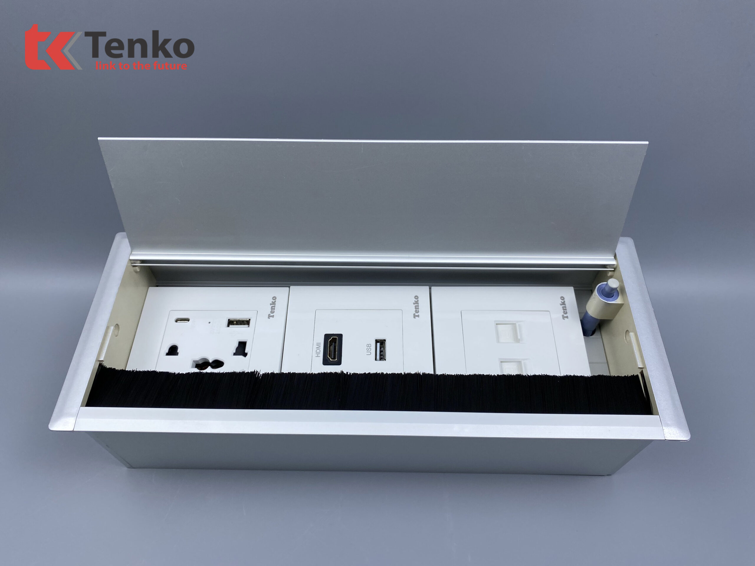 Hộp Ổ Điện Âm Bàn Họp Đa Năng, 2 Ổ Mạng LAN (RJ45), 2 USB, 1 HDMI, Box Nhôm Nguyên Khối Tenko TK-AB3S-08