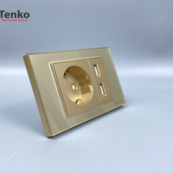 Ổ Cắm Chìm Chuẩn Đức Có USB Mặt Kính Cường Lực Tenko TK-C18-065 Vàng