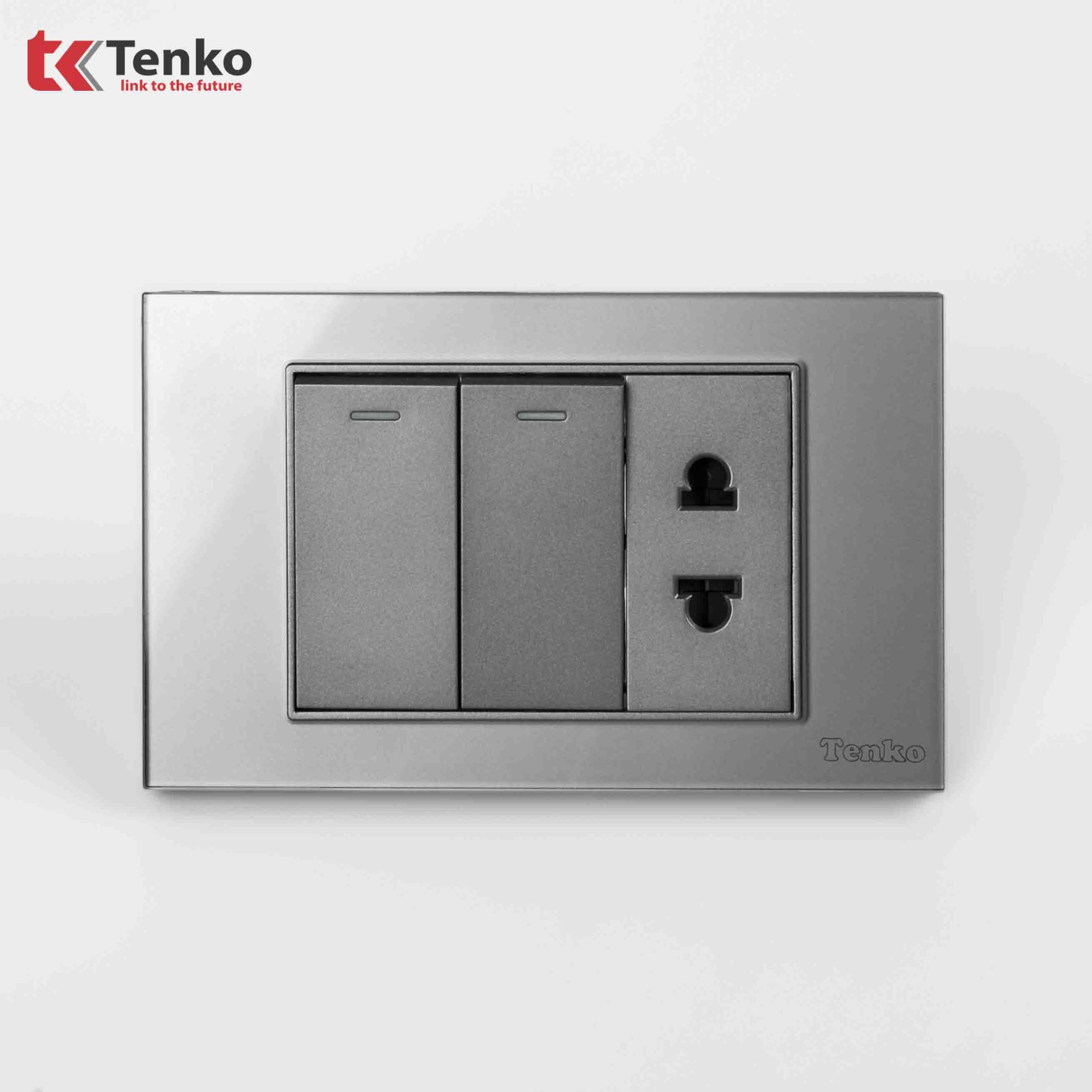 Công Tắc 2 Nút Và Ổ Cắm Đôi Âm Tường Mặt Kính Cường Lực Màu Xám TENKO TK-C18-027