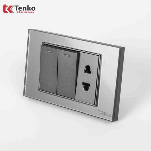 Công Tắc 2 Nút Và Ổ Cắm Đôi Âm Tường Mặt Kính Cường Lực Màu Xám TENKO TK-C18-027