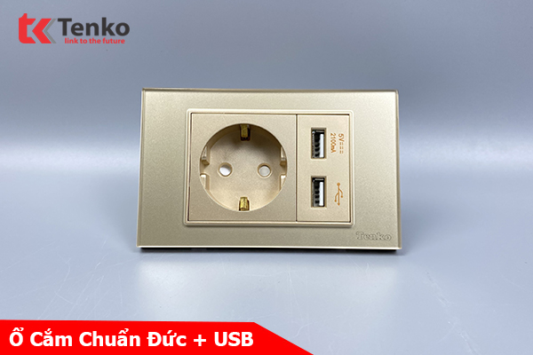 Ổ Cắm Chìm Chuẩn Đức Có USB Mặt Kính Cường Lực Tenko TK-C18-065 Vàng