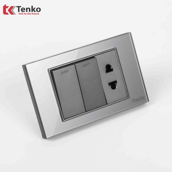 Công Tắc 2 Nút Và Ổ Cắm Đôi Âm Tường Mặt Kính Cường Lực Màu Xám TENKO TK-C18-027