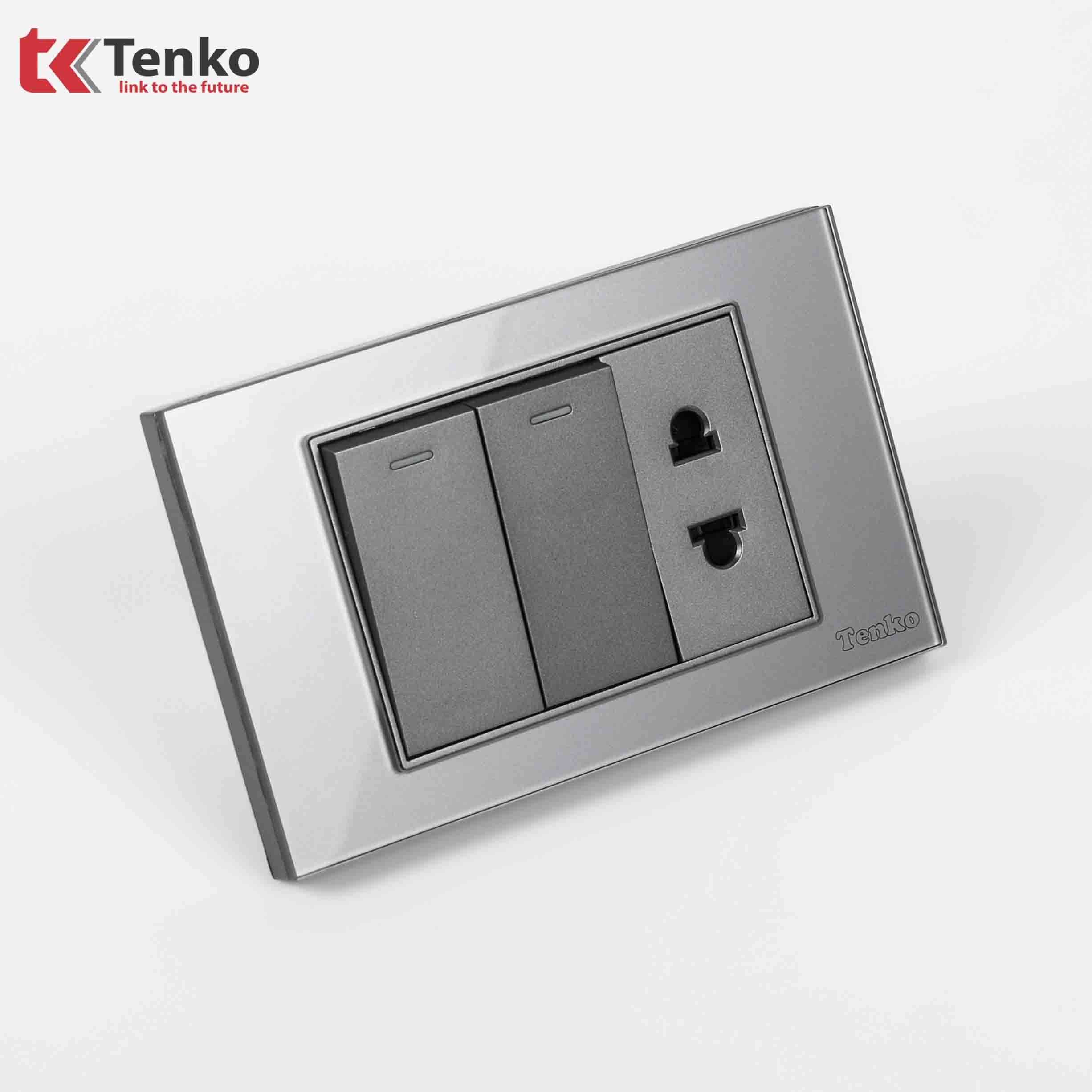 Công Tắc 2 Nút Và Ổ Cắm Đôi Âm Tường Mặt Kính Cường Lực Màu Xám TENKO TK-C18-027