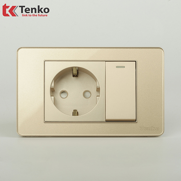 Ổ Cắm Chìm Chuẩn Đức Có Công Tắc Âm Tường Mặt Nhựa Epoxy Tenko TK-C9-060 Vàng