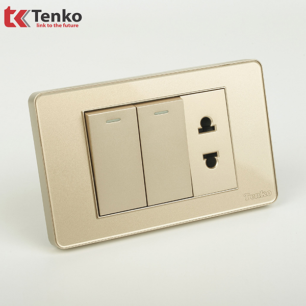 Công Tắc 2 Nút Và Ổ Cắm Đôi Âm Tường Mặt Nhựa Epoxy TENKO TK-C9-027 Vàng