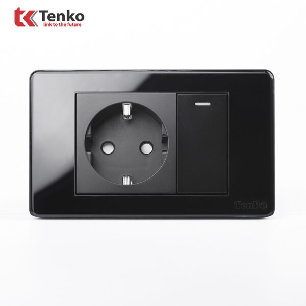 Ổ Cắm Chuẩn Đức Schuko Kết Hợp Công Tắc – Mặt Nhựa Phủ Bóng Epoxy Đen Tenko TK-C9-063