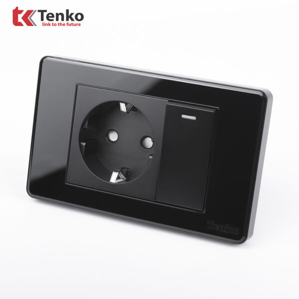 Ổ Cắm Chuẩn Đức Schuko Kết Hợp Công Tắc – Mặt Nhựa Phủ Bóng Epoxy Đen Tenko TK-C9-063