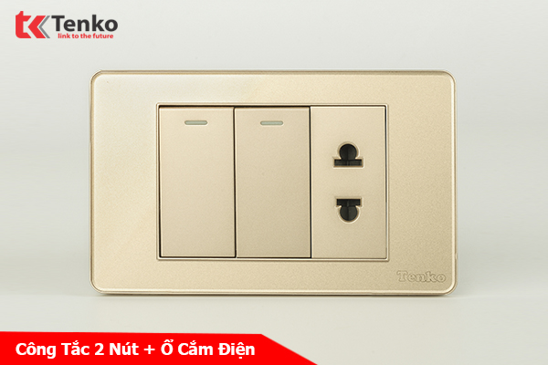 Công Tắc 2 Nút Và Ổ Cắm Đôi Âm Tường Mặt Nhựa Epoxy TENKO TK-C9-027 Vàng
