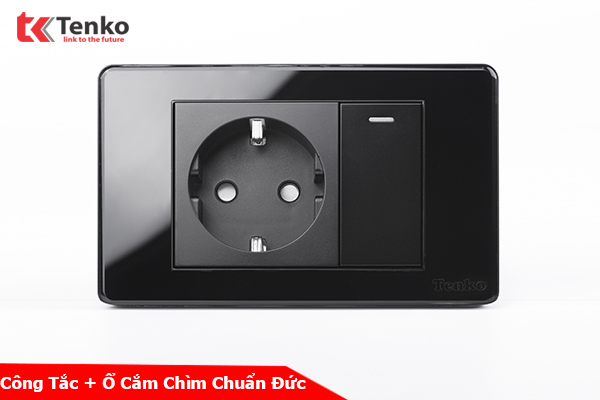 Ổ Cắm Chuẩn Đức Schuko Kết Hợp Công Tắc – Mặt Nhựa Phủ Bóng Epoxy Đen Tenko TK-C9-063