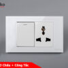 Ổ cắm 3 chấu + công tắc mặt kính cường lực màu trắng TK-C18-039
