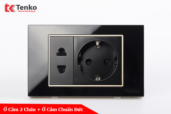 Ổ Điện Đôi 2 Chấu Chuẩn Đức Âm tường Mặt Kính Cường Lực Chính Hãng TENKO TK-C18-059 Đen Viền Vàng