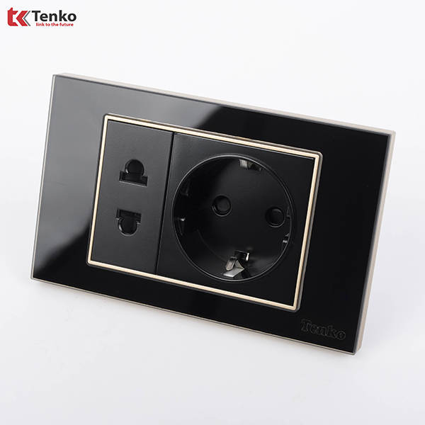 Ổ Điện Đôi 2 Chấu Chuẩn Đức Âm tường Mặt Kính Cường Lực Chính Hãng TENKO TK-C18-059 Đen Viền Vàng
