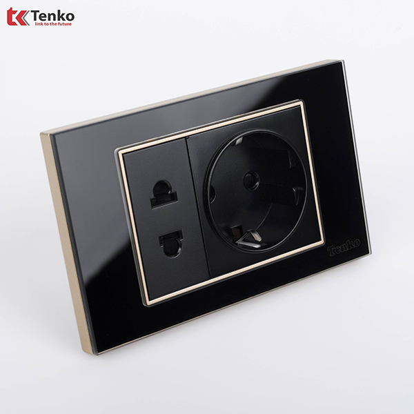 Ổ Điện Đôi 2 Chấu Chuẩn Đức Âm tường Mặt Kính Cường Lực Chính Hãng TENKO TK-C18-059 Đen Viền Vàng