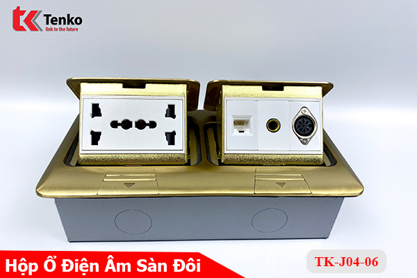 Ổ Cắm Điện Đôi 3 Chấu Âm Sàn Kèm Ổ LAN, Cổng MIDI 8PIN, Cổng Âm Thanh Tenko TK-J04-06 Vàng