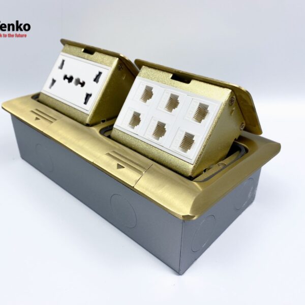 Ổ Cắm Điện Đôi 3 Chấu Âm Sàn Tích Hợp 6 Ổ Mạng LAN Chính Hãng Tenko TK-J04-09 Vàng