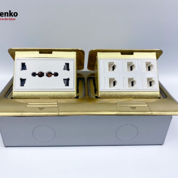 Ổ Cắm Điện Đôi 3 Chấu Âm Sàn Tích Hợp 6 Ổ Mạng LAN Chính Hãng Tenko TK-J04-09 Vàng