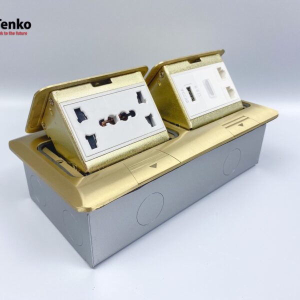 Ổ Cắm Điện Đôi 3 Chấu Âm Sàn Kèm 2 Ổ Mạng LAN, USB Và HDMI Chính Hãng Tenko TK-J04-08 Vàng