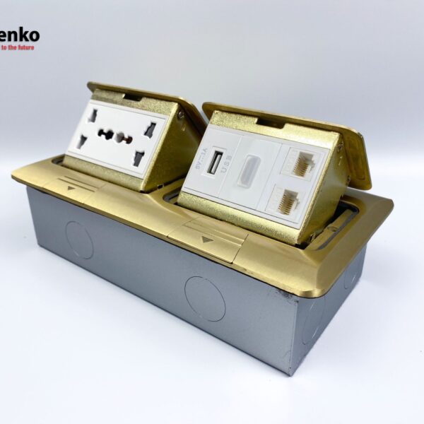 Ổ Cắm Điện Đôi 3 Chấu Âm Sàn Kèm 2 Ổ Mạng LAN, USB Và HDMI Chính Hãng Tenko TK-J04-08 Vàng