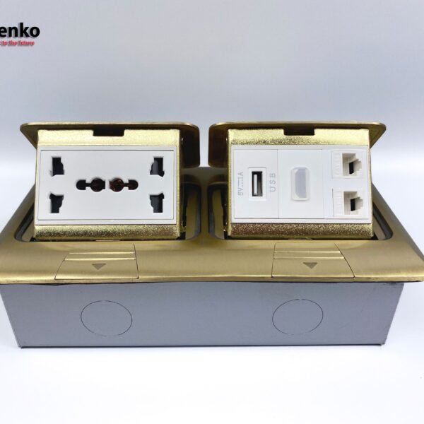 Ổ Cắm Điện Đôi 3 Chấu Âm Sàn Kèm 2 Ổ Mạng LAN, USB Và HDMI Chính Hãng Tenko TK-J04-08 Vàng