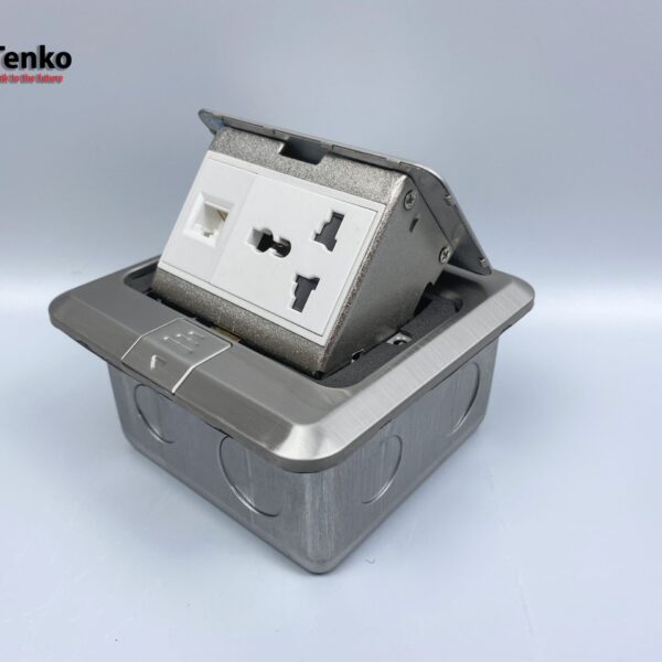 Ổ Cắm Điện Âm Sàn 3 Chấu Kèm Mạng LAN Chính Hãng Tenko TK-J02-04 Màu Bạc